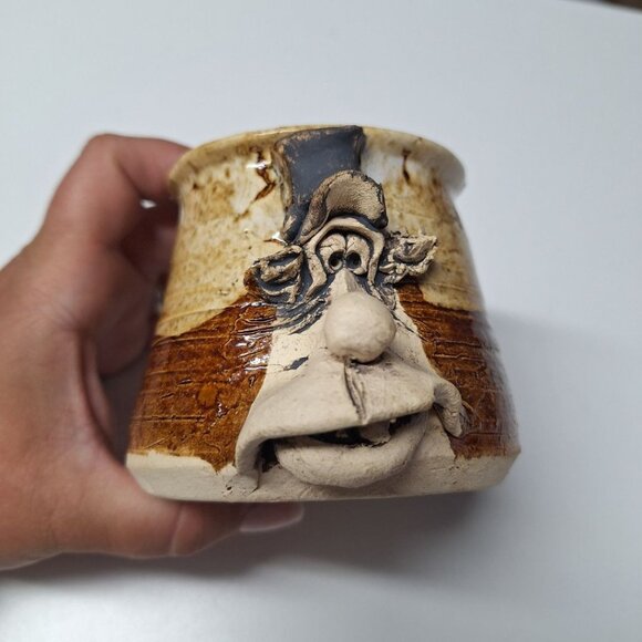 Handmade Face Mug Pottery Cup Clay Folk Art Hillbilly Brown Glaze Signed Tea - Picture 1 of 9
